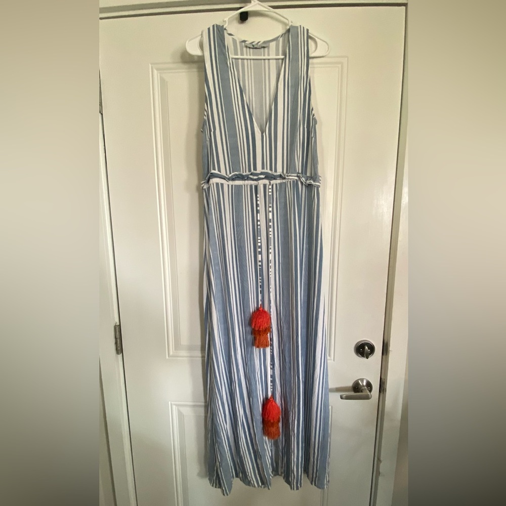 Bindu Blue and white king dress w/ orange tassels size S EUC